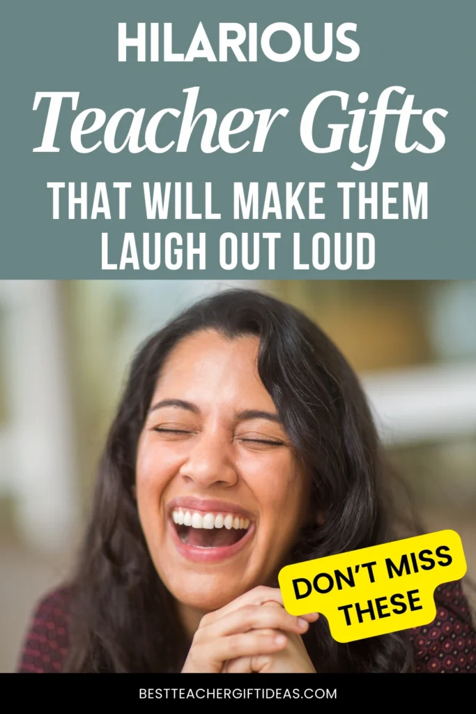 Hilarious teacher gifts banner featuring a woman laughing joyfully, perfect for bringing laughter to teachers.