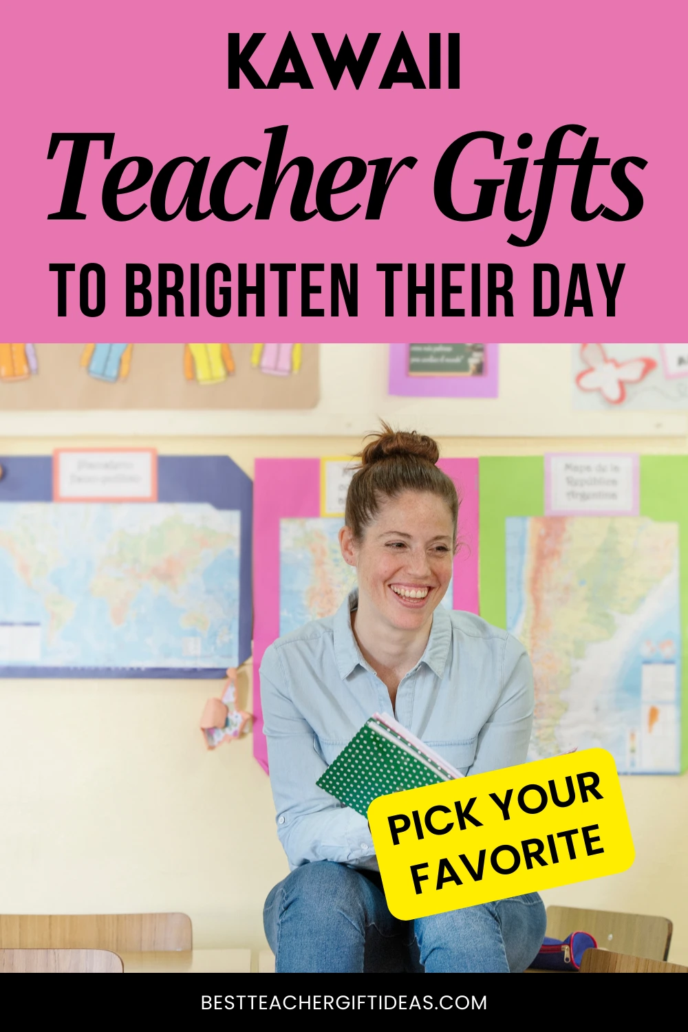 Smiling teacher holding gifts with vibrant background. Text: Kawaii Teacher Gifts to Brighten Their Day.