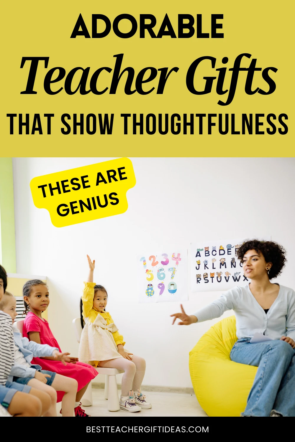 Adorable teacher gifts suggestion with kids in a classroom setting. Best thoughtful teacher gift ideas.