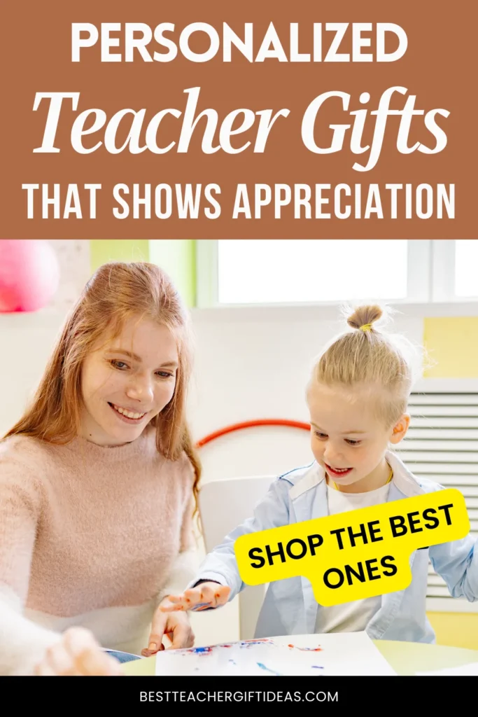 Personalized teacher gifts display with smiling teacher and child painting. Shop appreciation gifts now.