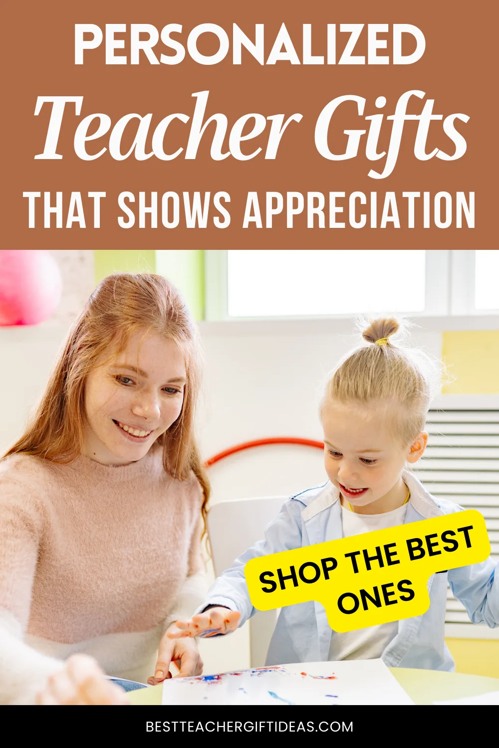 Personalized teacher gifts display with smiling teacher and child painting. Shop appreciation gifts now.