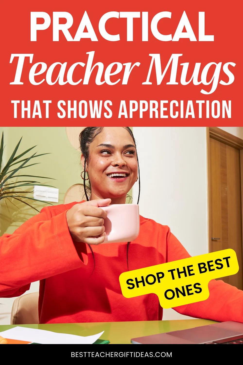 Woman smiling while holding a practical teacher mug. Shop the best appreciation gifts.