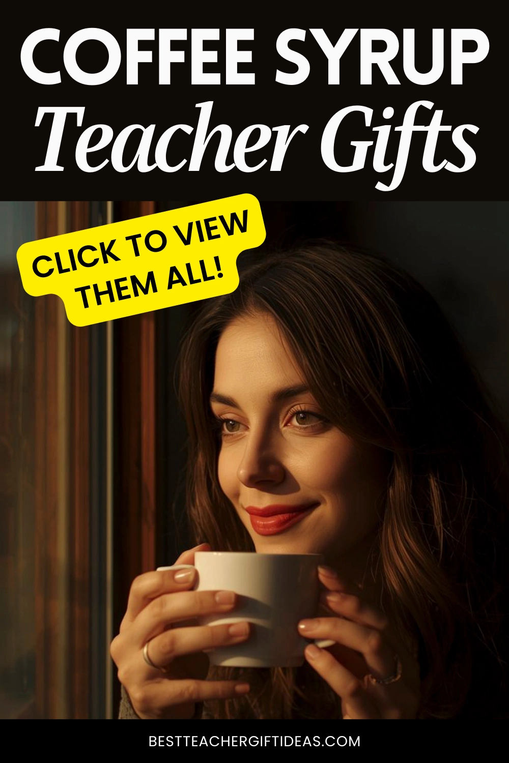 Woman enjoying coffee, highlighting coffee syrup teacher gifts offer. Click for more gift ideas.